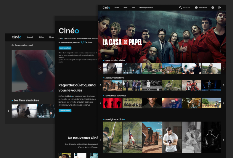 différentes pages superposées du site cineo.netlify.app