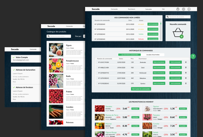 différentes pages superposées du dashboard socoda